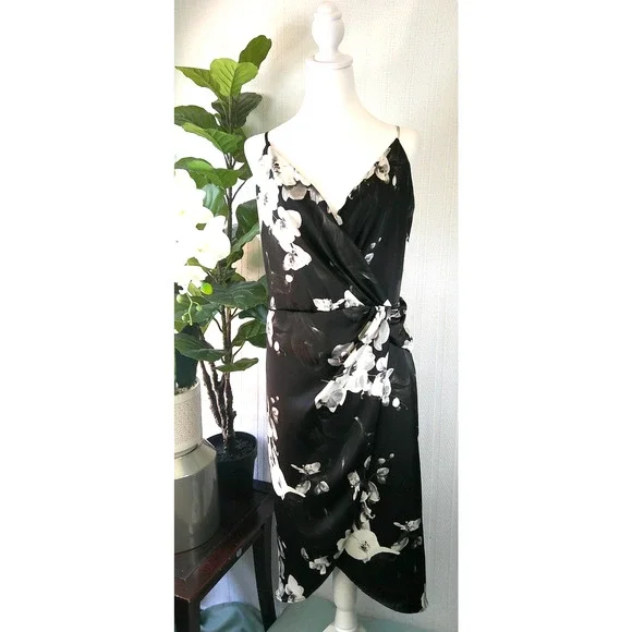 NWT Worthington XXL Black & White Floral Satin Spaghetti Strap Midi Dress - Picture 2 of 13